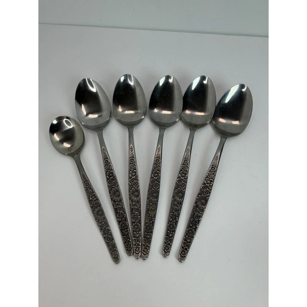 MCM Interpur JARDINERA Stainless Steel Japan Floral 5 Soup Spoons 1 Sugar Spoon